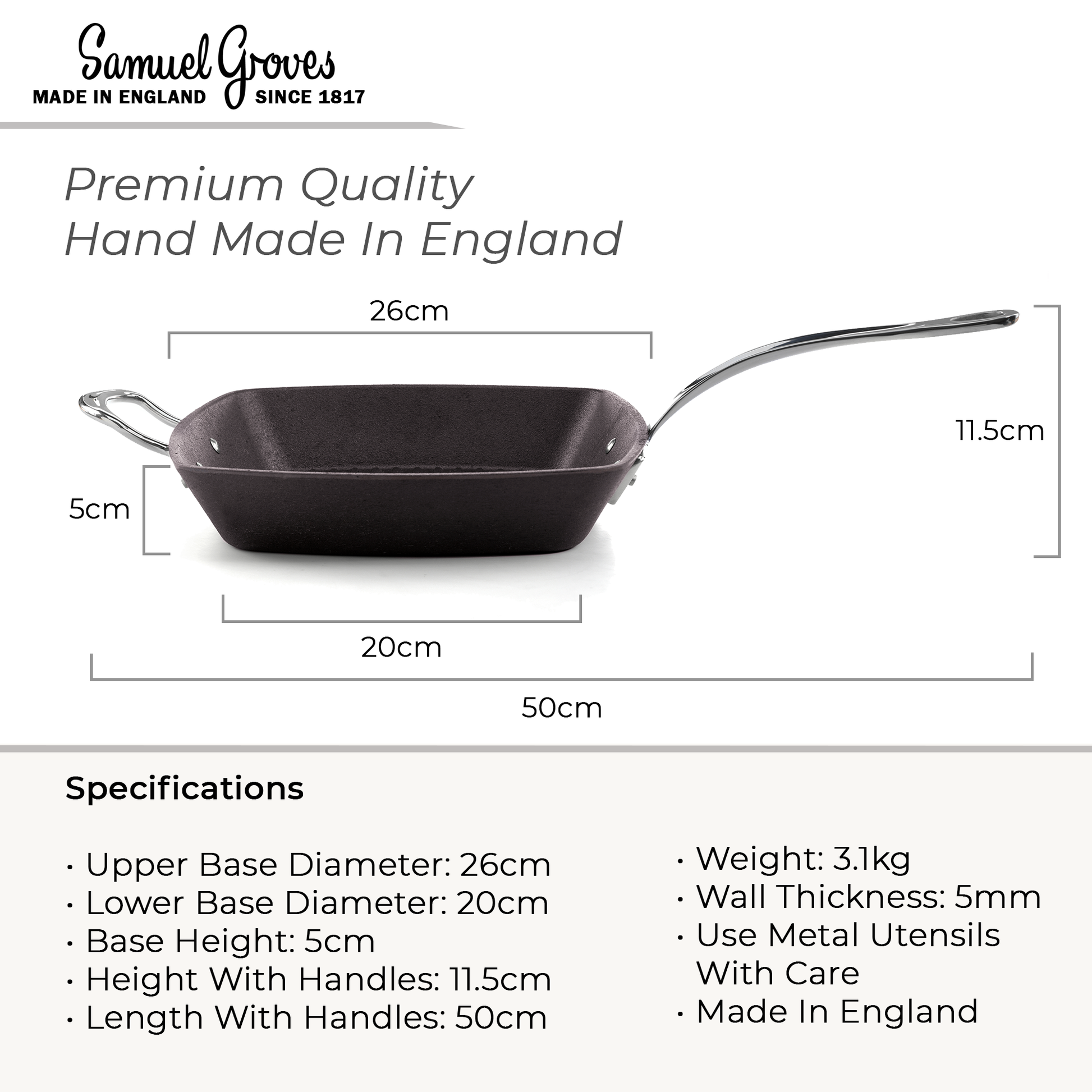 Heavy-duty 3.1kg cast iron grill pan with long handle and support handle