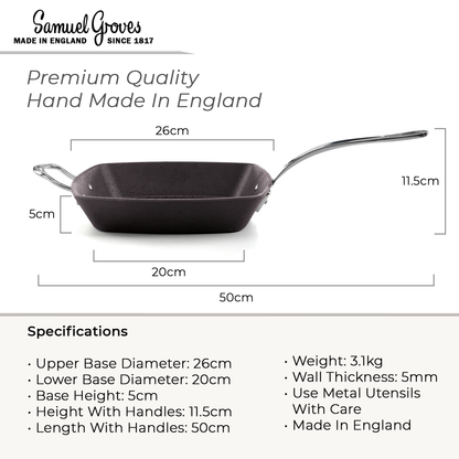 Heavy-duty 3.1kg cast iron grill pan with long handle and support handle
