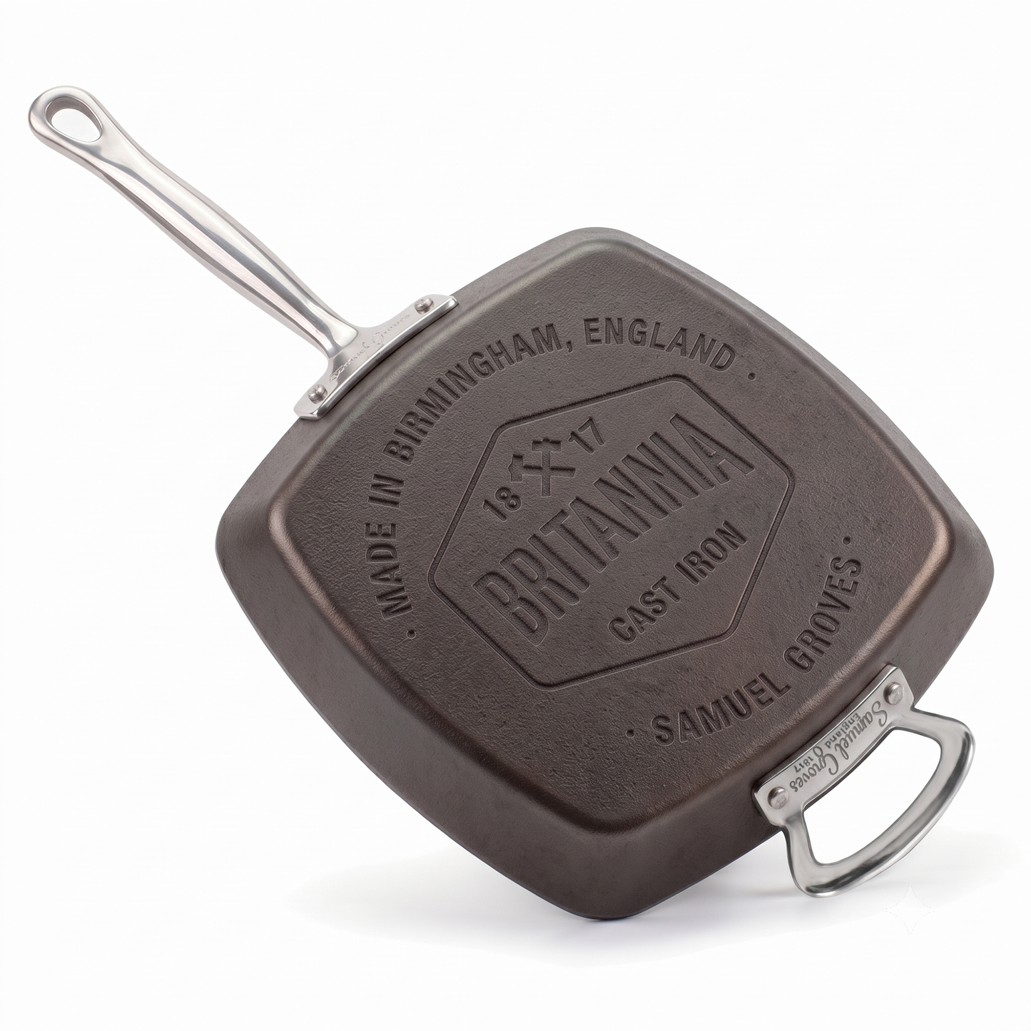 Rear view of Samuel Groves Britannia cast iron griddle pan showing Made in Birmingham England branding