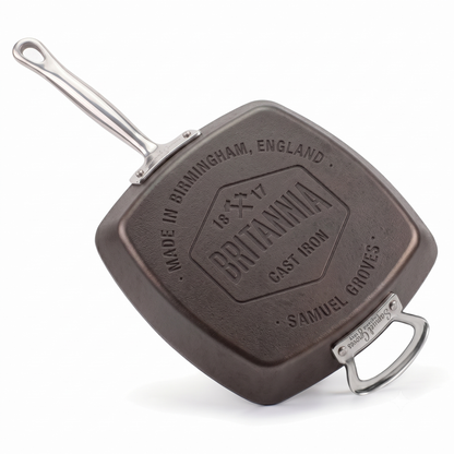 Rear view of Samuel Groves Britannia cast iron griddle pan showing Made in Birmingham England branding