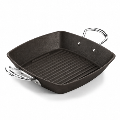 Samuel Groves cast iron square grill pan with raised ridges and stainless steel side handles