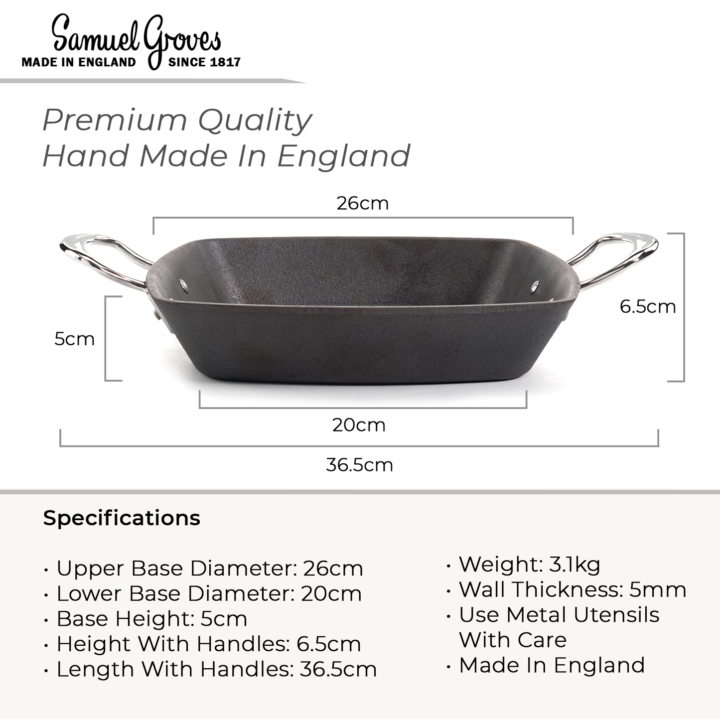 Heavy-duty 3.1kg cast iron grill pan with two polished stainless steel side handles