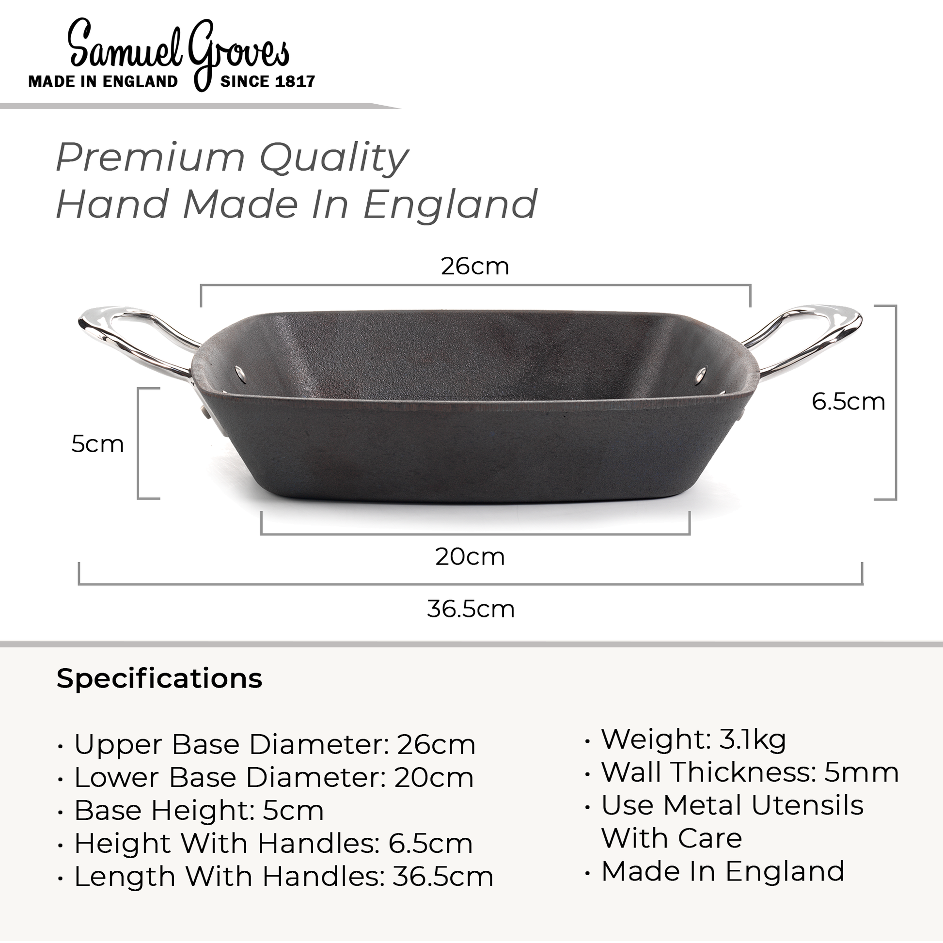 Heavy-duty 3.1kg cast iron grill pan with two polished stainless steel side handles