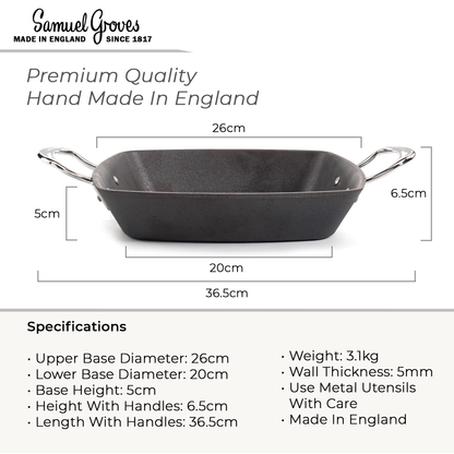 Heavy-duty 3.1kg cast iron grill pan with two polished stainless steel side handles