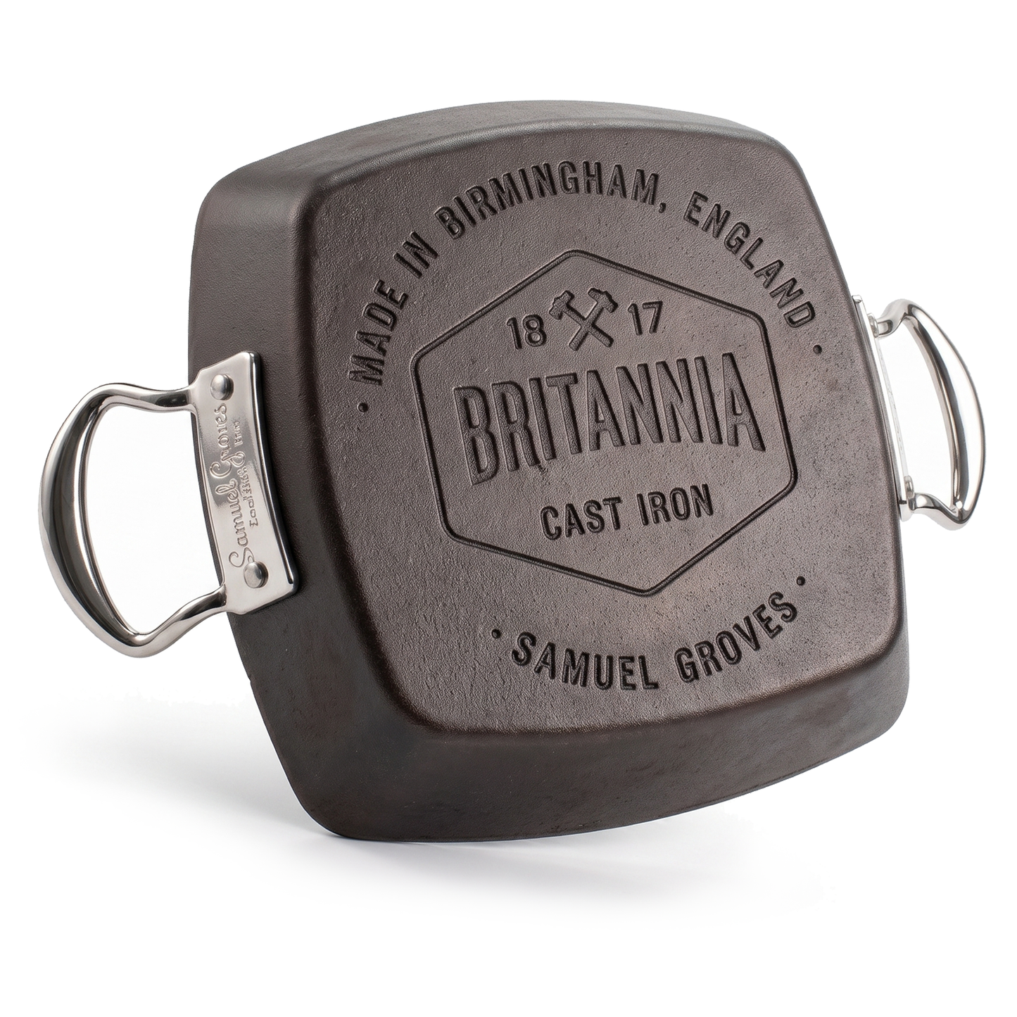 British made Samuel Groves Britannia cast iron square griddle pan in premium kitchen