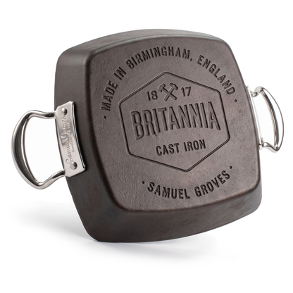 British made Samuel Groves Britannia cast iron square griddle pan in premium kitchen