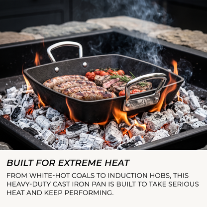 Cast iron square griddle pan with side handles cooking over BBQ coals