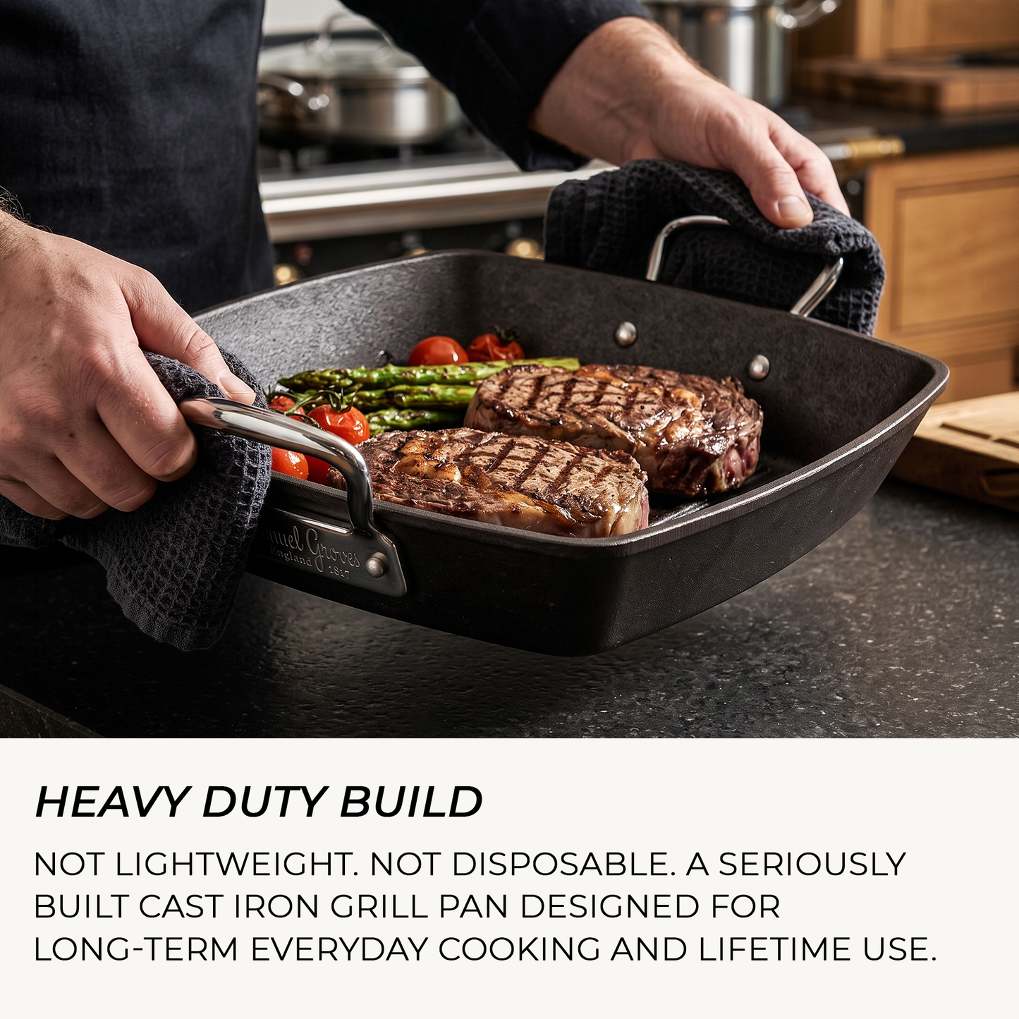 Aerial view of Samuel Groves cast iron grill pan with steak and vegetables