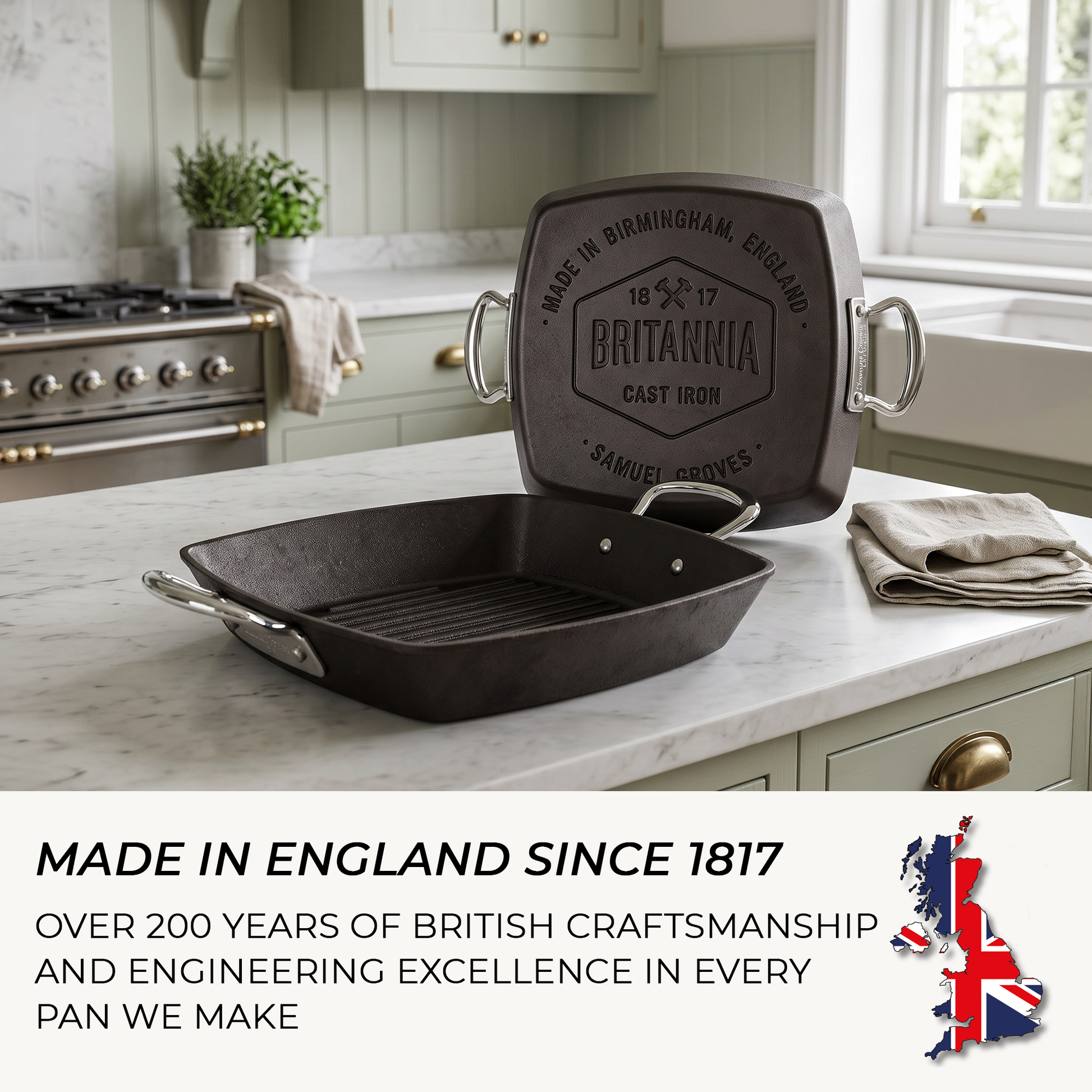 Samuel Groves cast iron square griddle pan cooking steak with bold grill marks