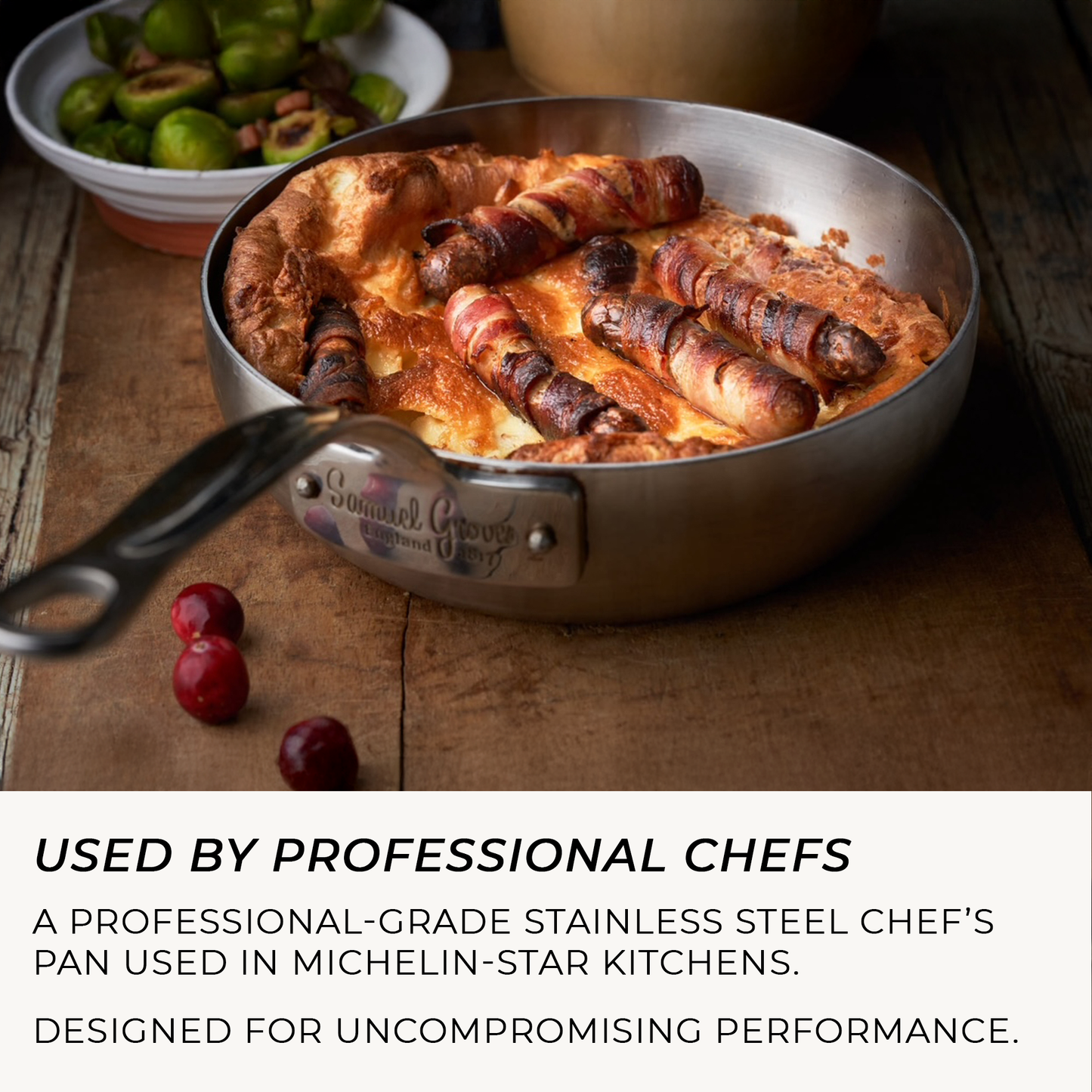 Stainless steel chef's pan with food on a wooden surface, featuring text about professional use.