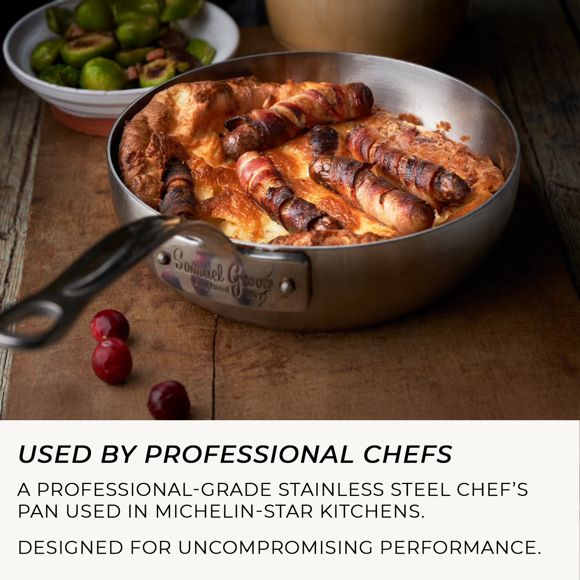 Stainless steel chef's pan with food on a wooden surface, featuring text about professional use.