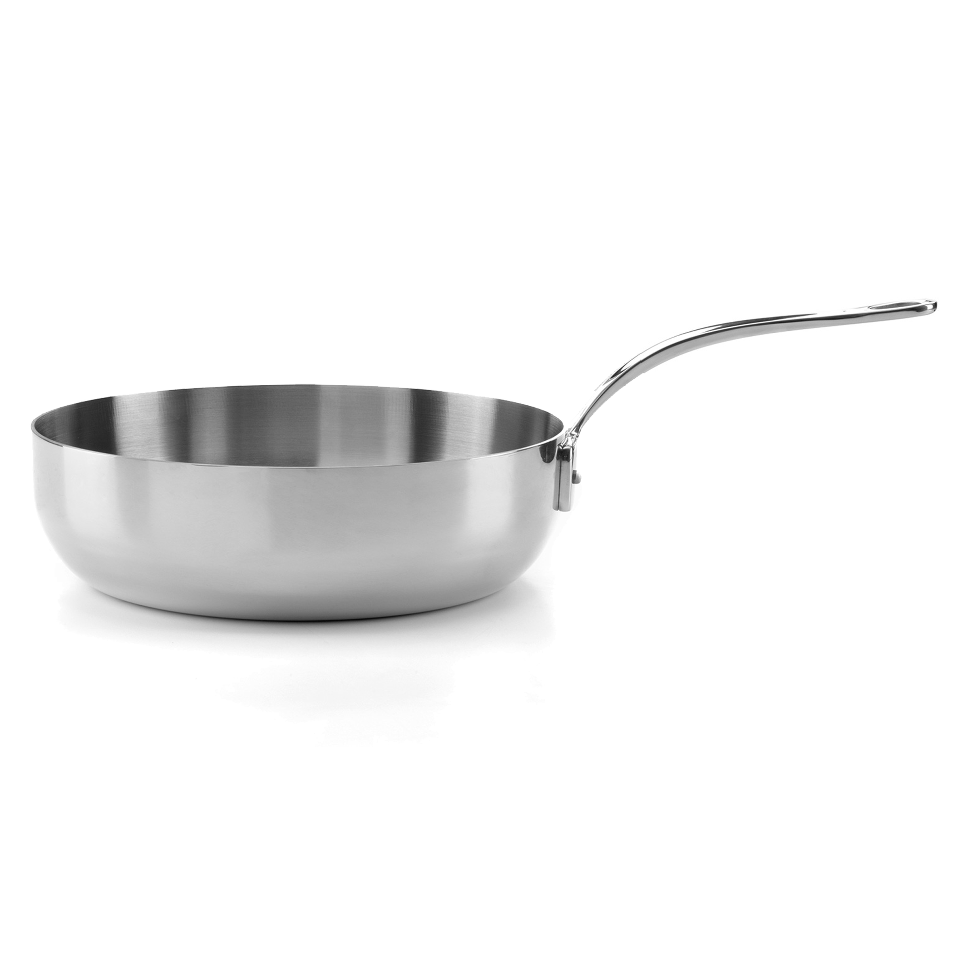 Stainless steel frying pan on a white background