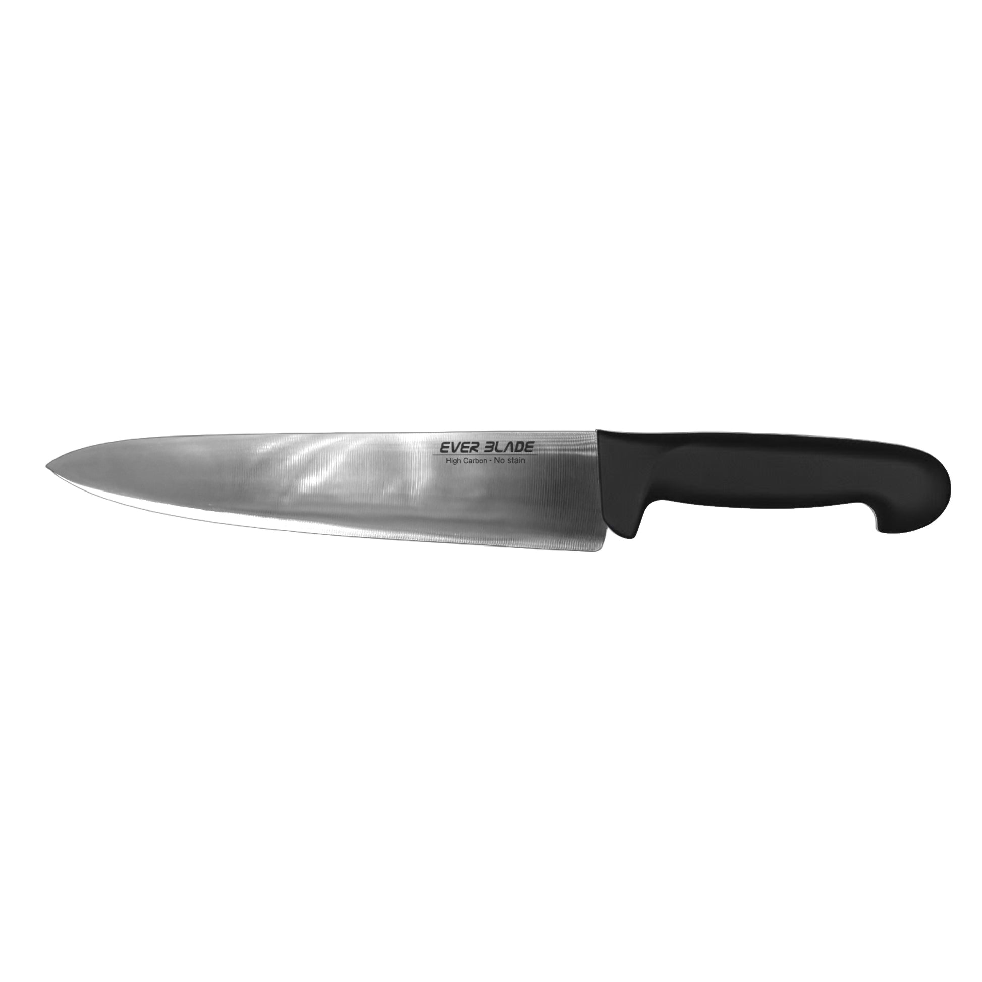 Chef's knife with black handle on a white background, brand 'EVER BLADE' visible.