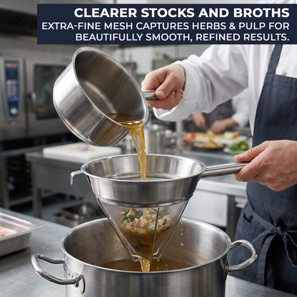 Stainless steel chinois supported across a stockpot by its hollow handle and pan-rest hook during straining.
