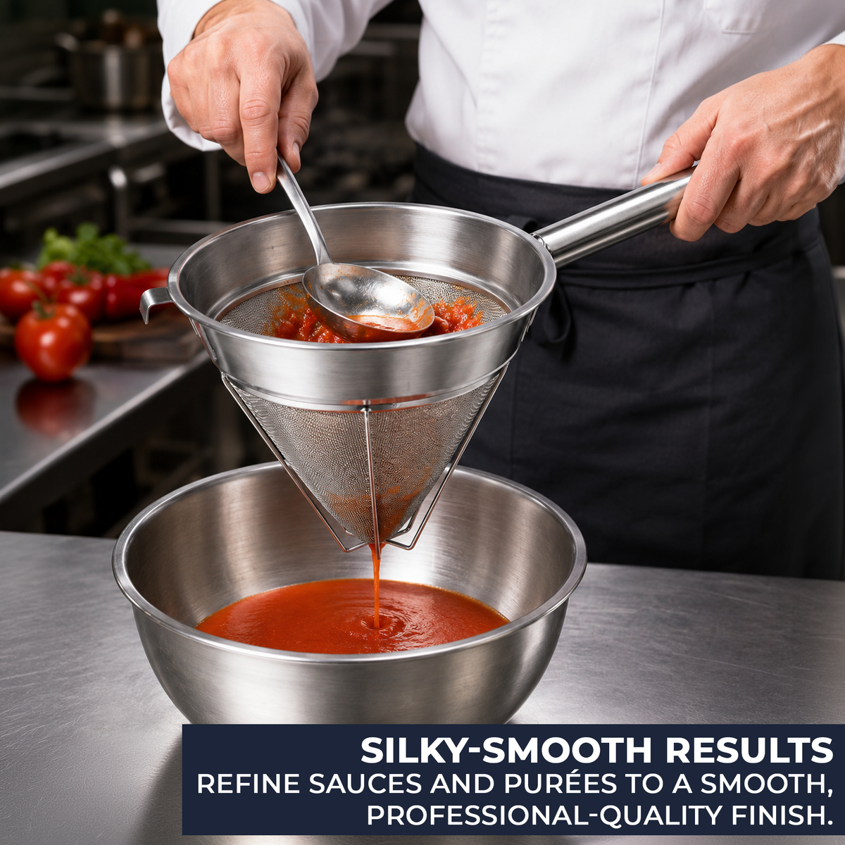 Chef using a chinois strainer to produce smooth tomato sauce and refined vegetable purée in a professional kitchen.