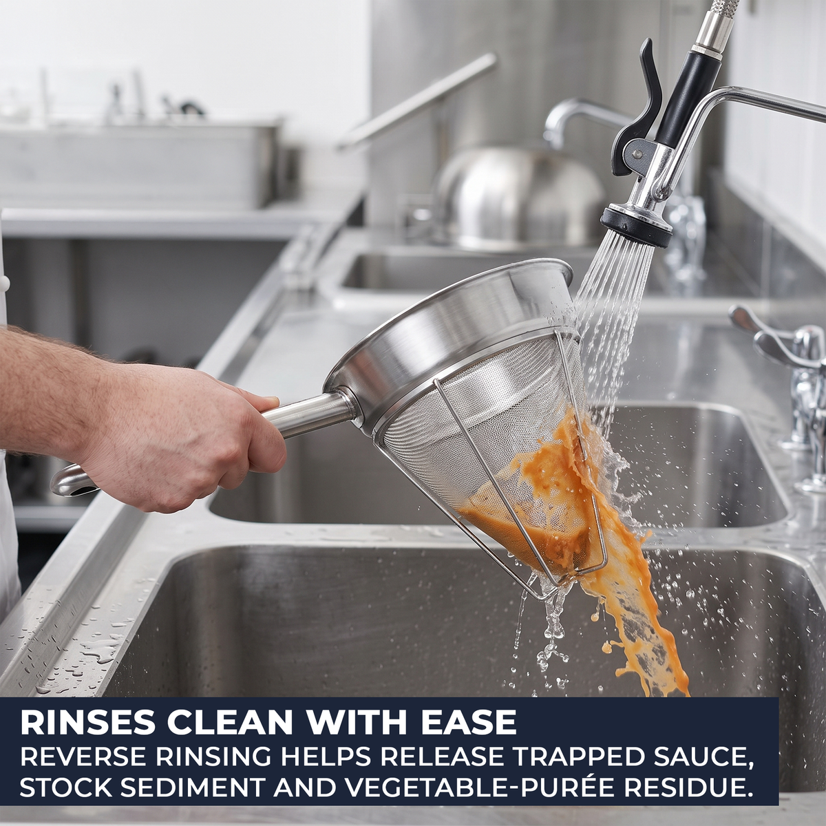 Close-up of 0.5mm extra fine mesh, reinforced outer frame, hollow handle and hanging hole on a chinois strainer.