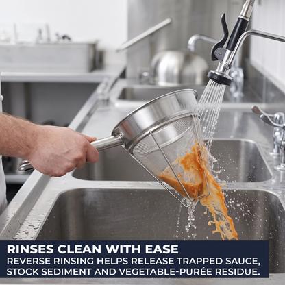 Close-up of 0.5mm extra fine mesh, reinforced outer frame, hollow handle and hanging hole on a chinois strainer.