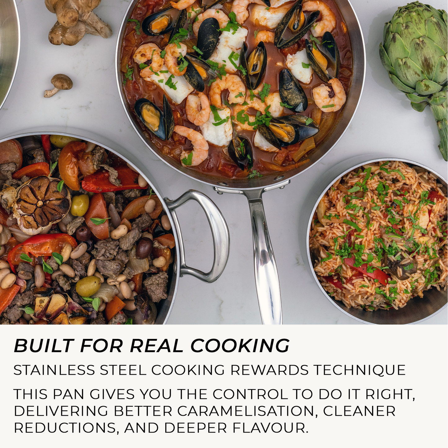 Stainless steel cookware with various dishes including seafood, vegetables, and rice on a white background.