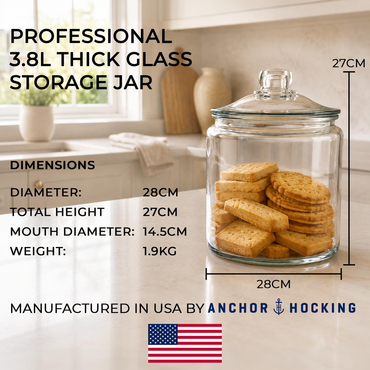 Anchor Hocking glass biscuit jar filled with shortbread in a traditional English kitchen