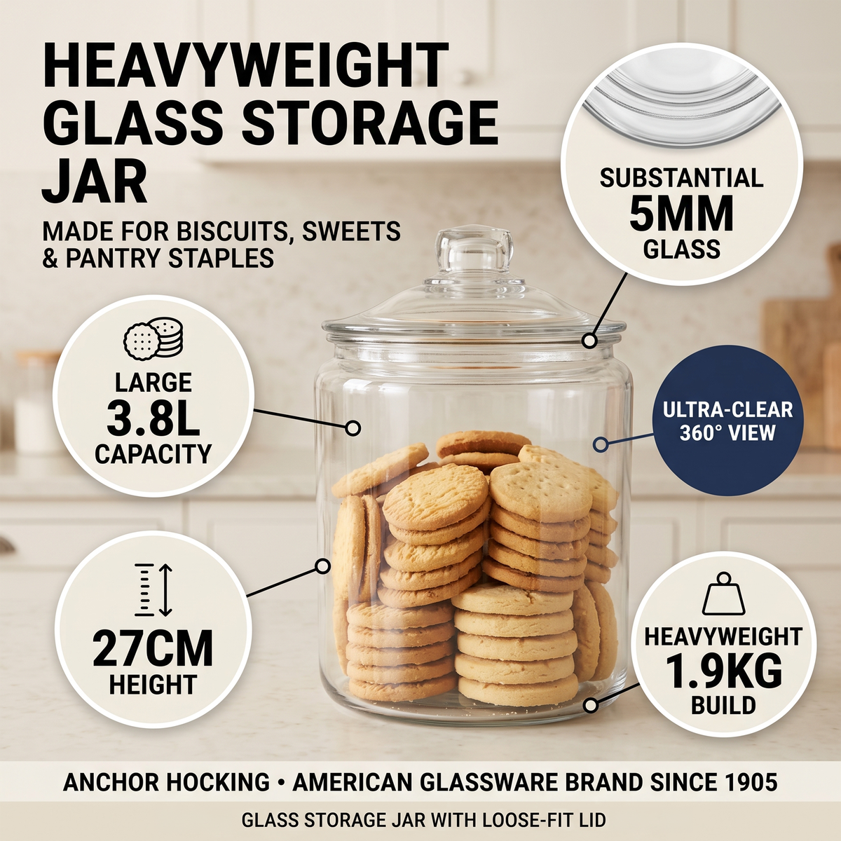 Heritage Hill 3.8L glass storage jar specification image showing heavyweight clear glass