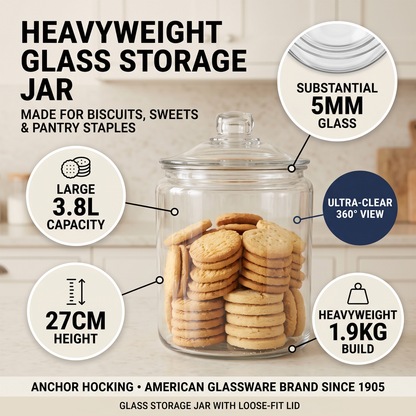 Heritage Hill 3.8L glass storage jar specification image showing heavyweight clear glass