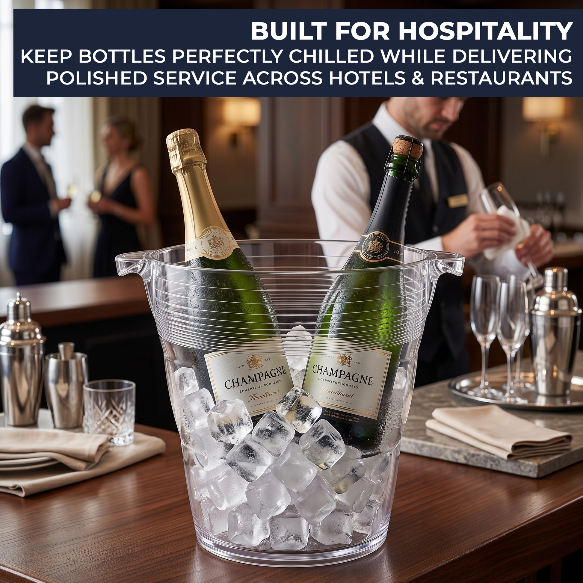 Large clear Champagne and wine cooler displayed at a wedding reception