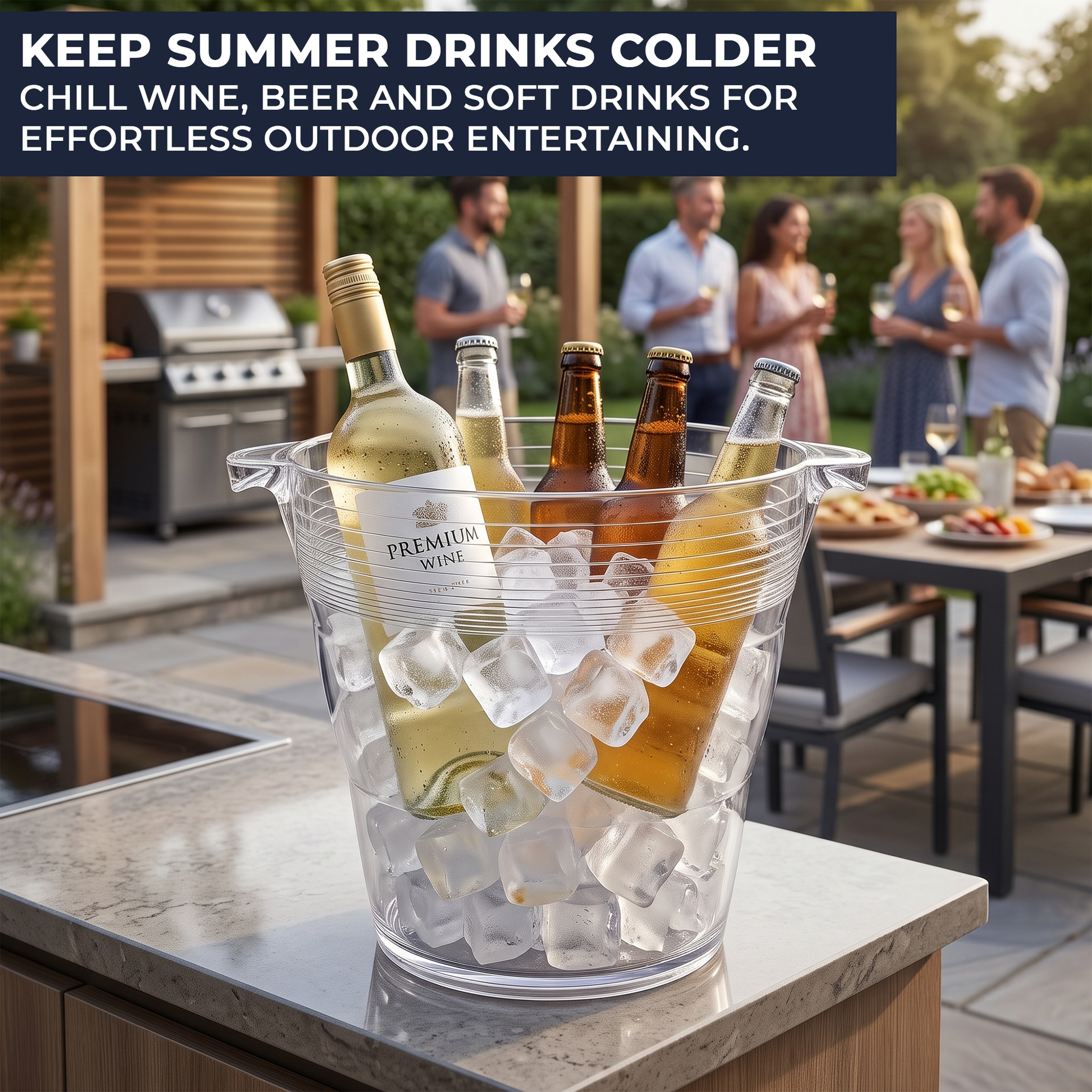 Clear wine ice bucket showing the wide opening, handles and tapered base