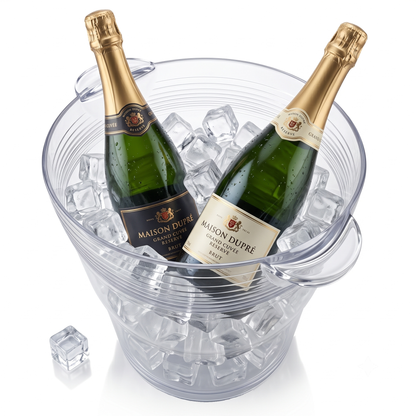 Large clear wine bottle cooler holding two wine bottles surrounded by ice