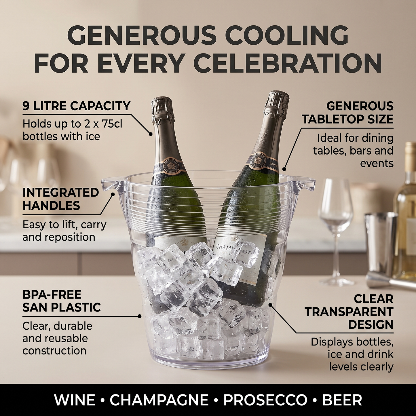 BPA-free SAN plastic wine bottle cooler with wide moulded side handles