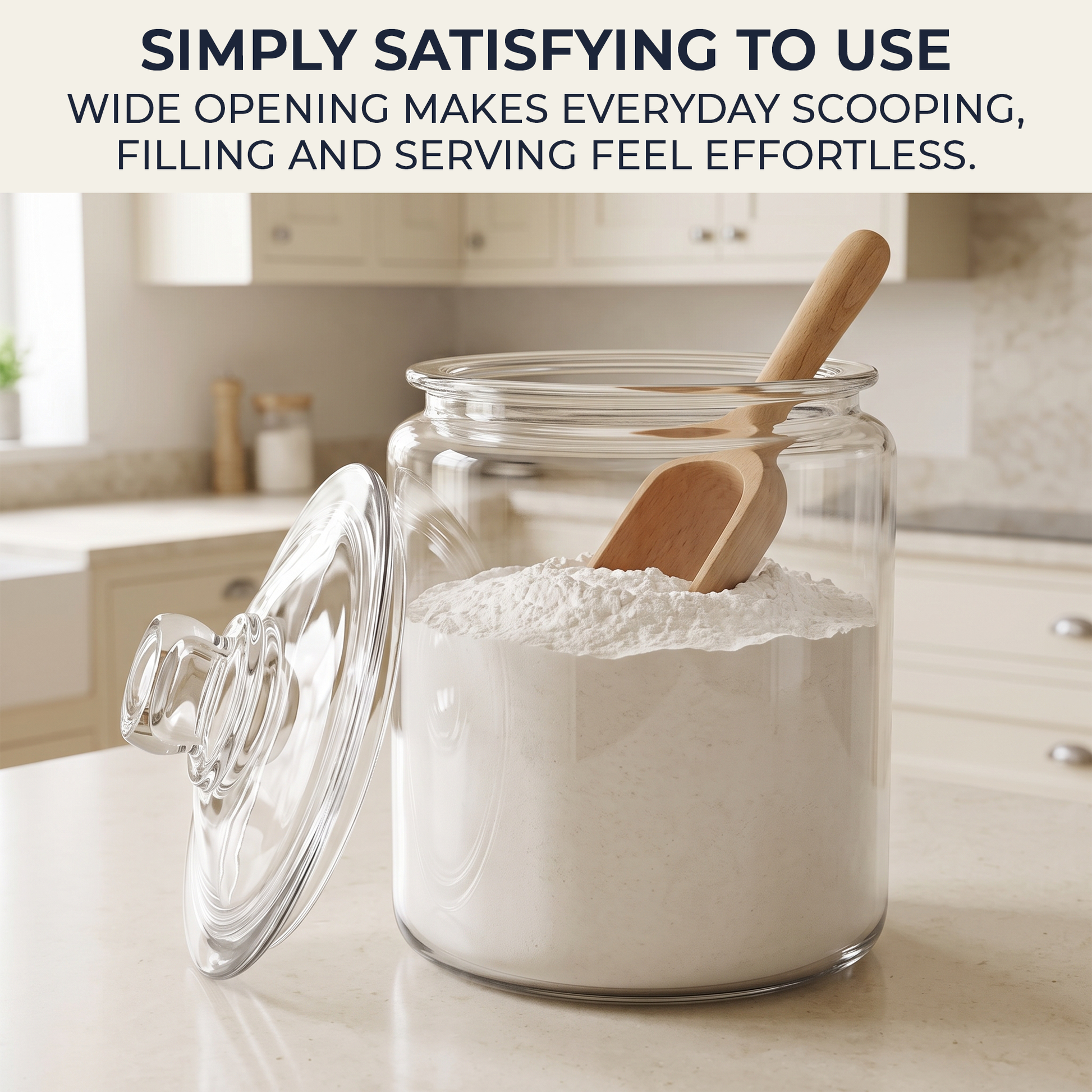 Wide-opening Anchor Hocking glass jar with flour and wooden scoop