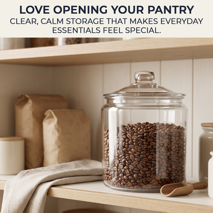 Clear glass pantry storage jar filled with coffee beans on organised shelving