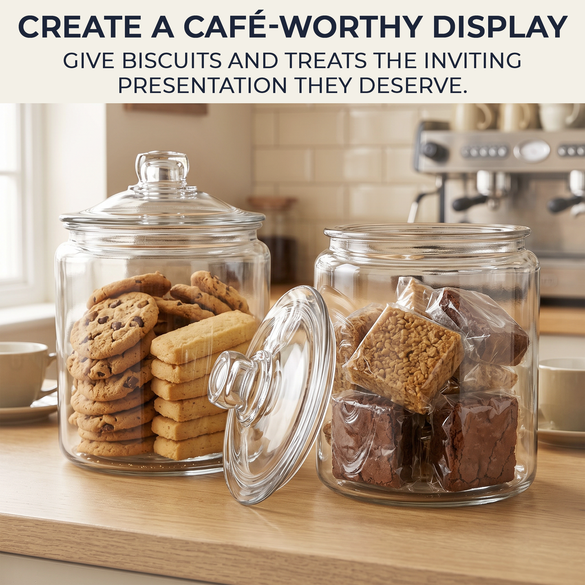 Anchor Hocking glass jars displaying biscuits and café traybakes on a UK café counter