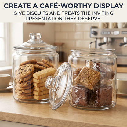 Anchor Hocking glass jars displaying biscuits and café traybakes on a UK café counter