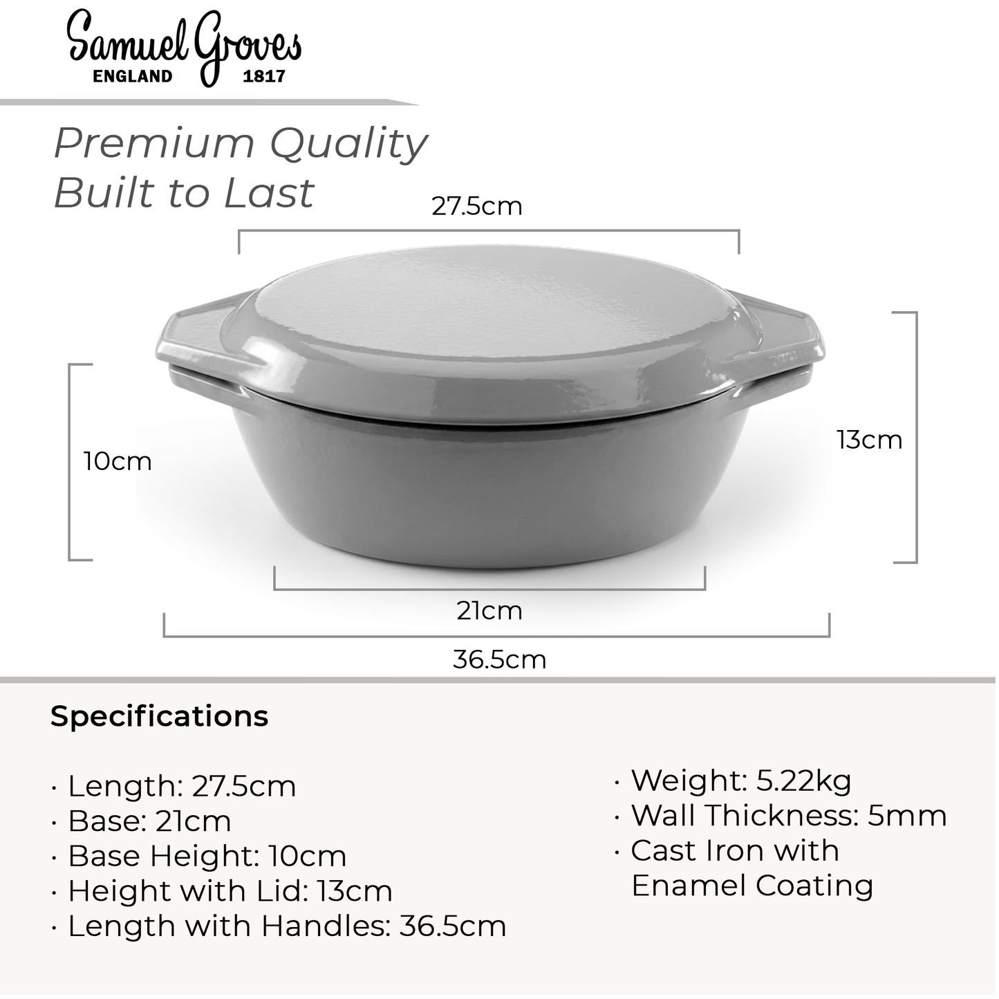 Samuel Groves Enamelled Cast Iron Oval Casserole Dish with Lid - 3L