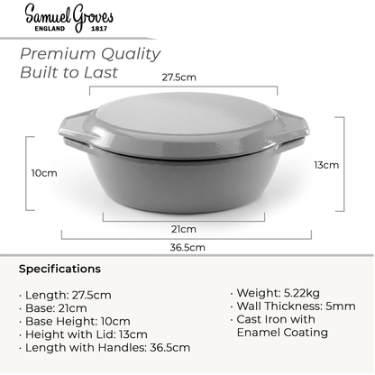 Samuel Groves Enamelled Cast Iron Oval Casserole Dish with Lid - 3L