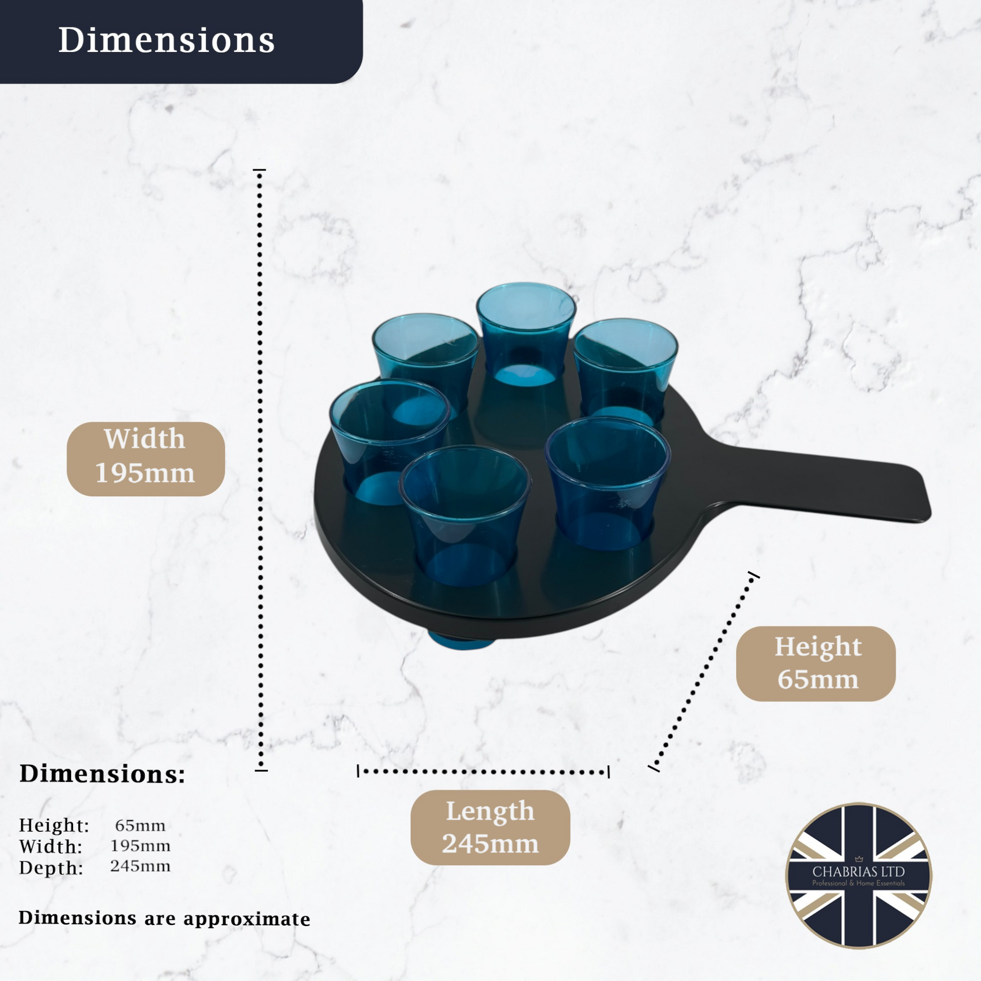 6-Hole Black Shot Glass Holder, With 6 Blue Shot Glasses - Premium Kitchen from Chabrias Ltd - Just £9.99! Shop now at Chabrias Ltd