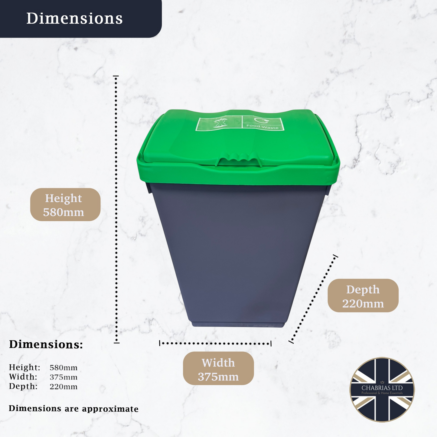 50 Litre Recycling Bin with Green Swing Lid & Food Waste Sticker Included - Premium Bins from Chabrias Ltd - Just £34.99! Shop now at Chabrias Ltd