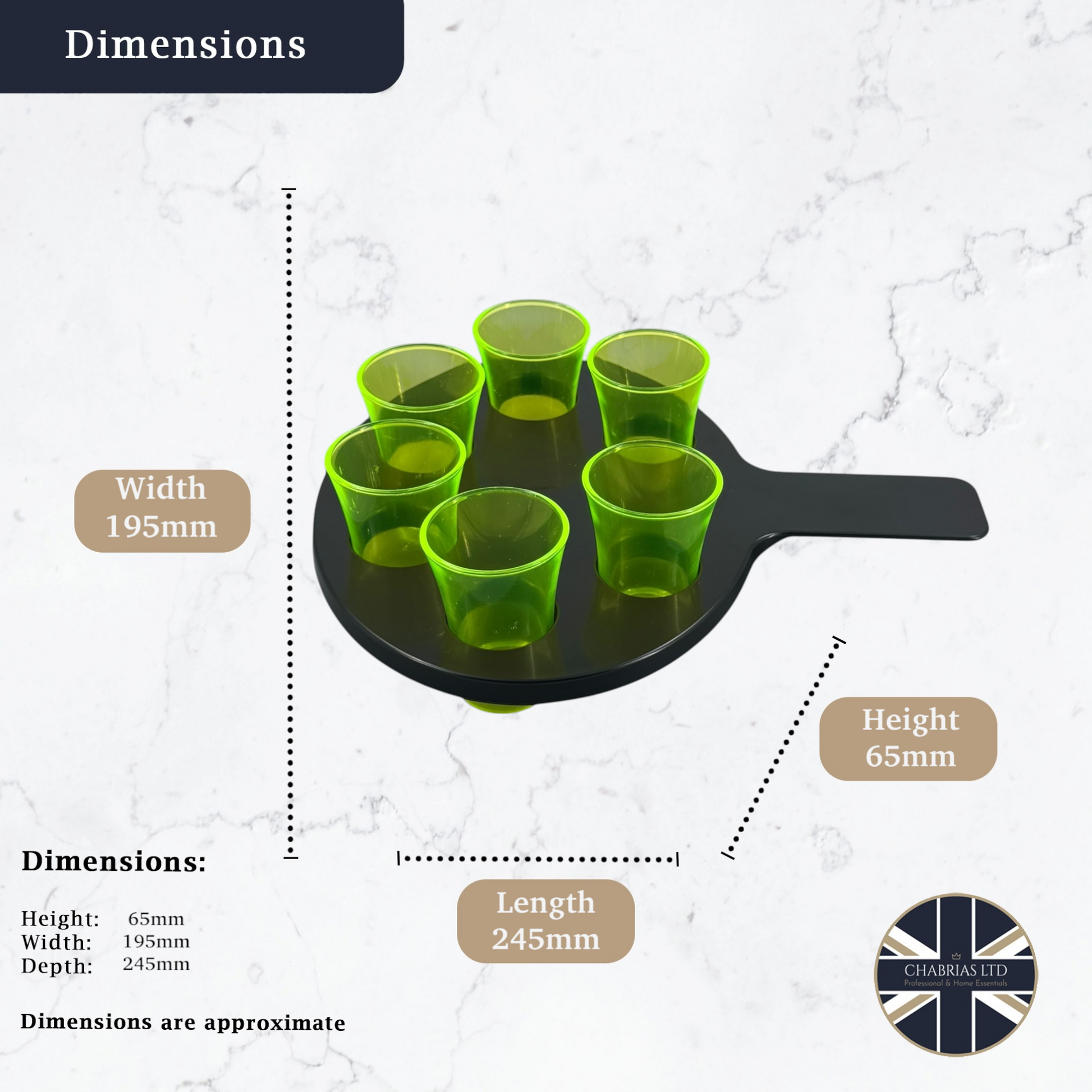 6-Hole Black Shot Glass Holder, With 6 Yellow Shot Glasses - Premium Kitchen from Chabrias Ltd - Just £9.99! Shop now at Chabrias Ltd