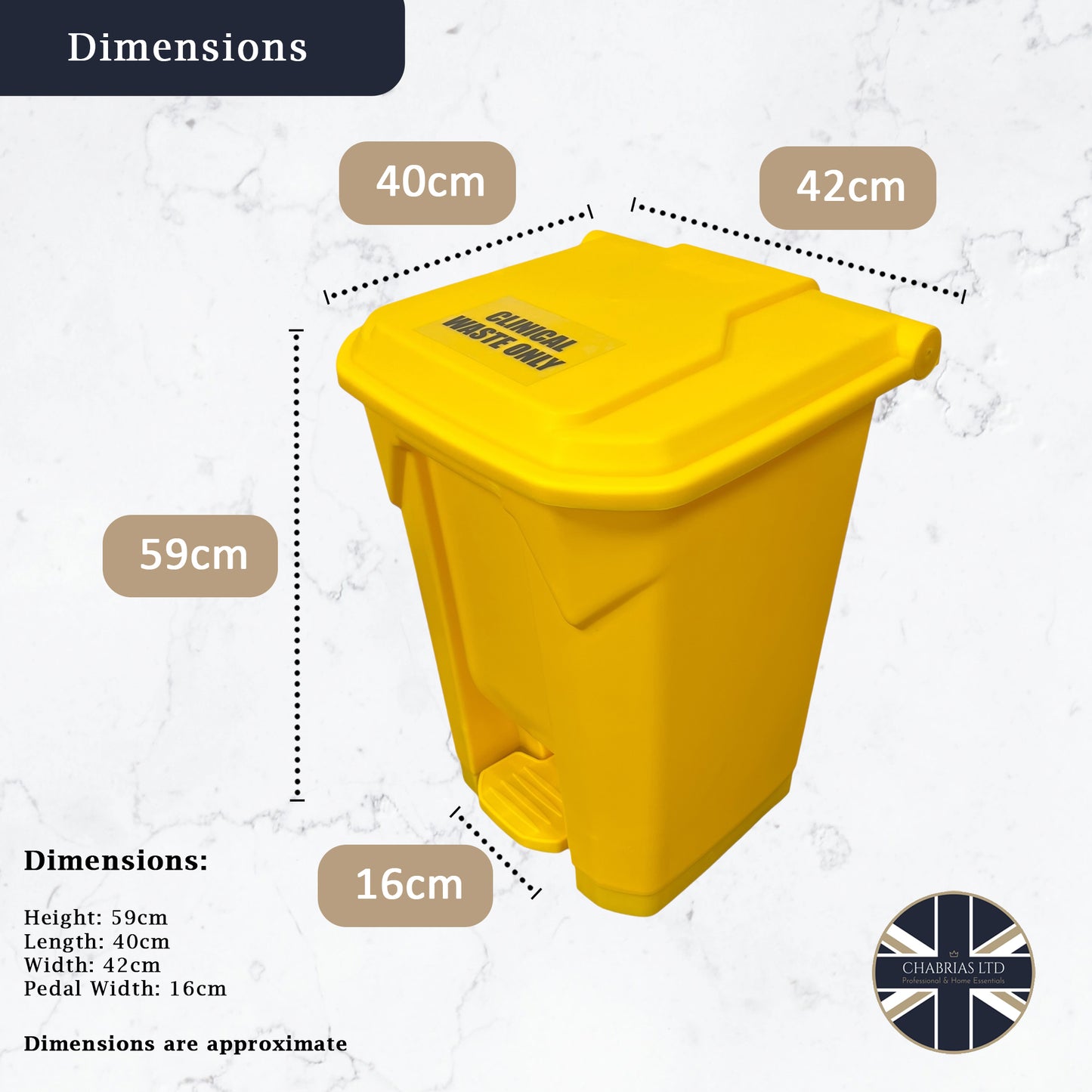50 litre yellow medical waste bin measuring 41cm by 42cm by 59cm