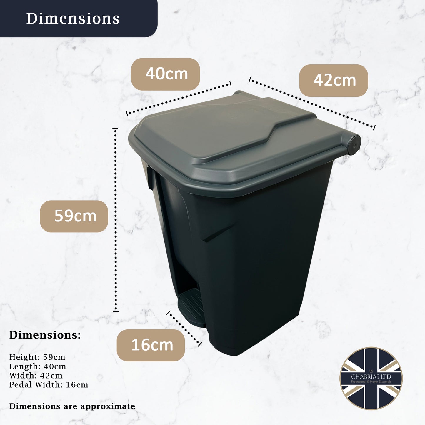 50 litre grey waste bin measuring 41cm by 42cm by 59cm