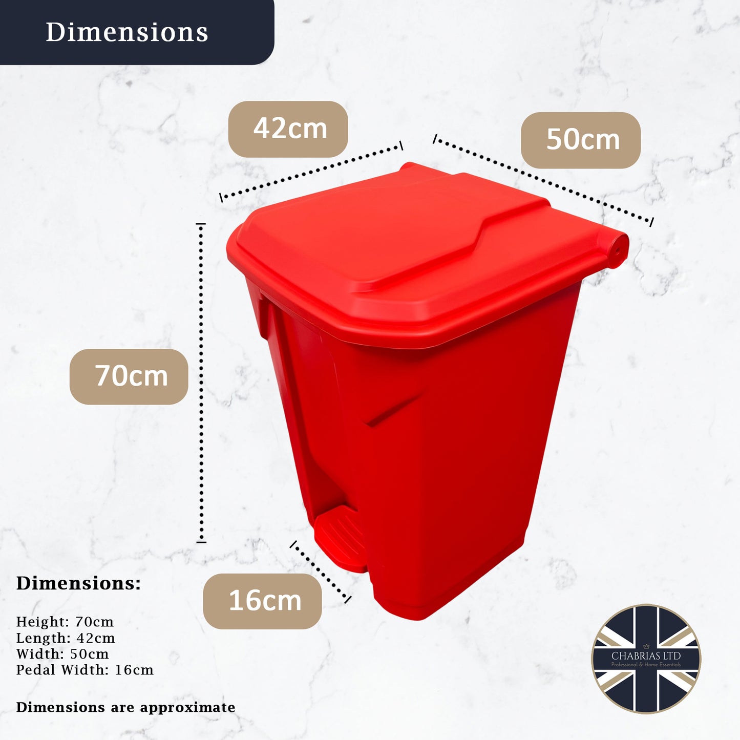 Red bin with dimensions labeled on a light gray background