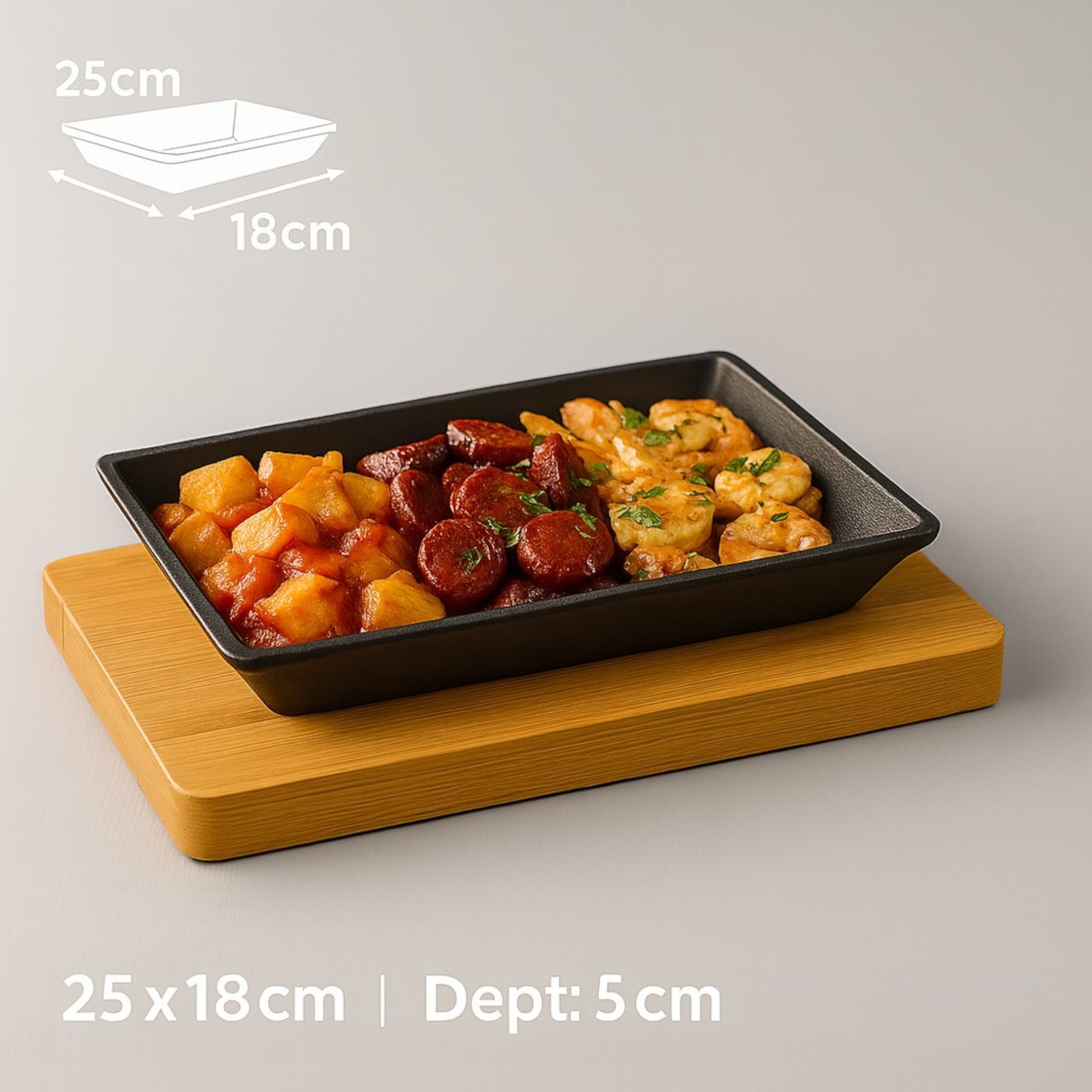 Pro Cast Iron Sizzling Dish with Wooden Serving Base, 25 x 18cm - Premium Kitchen from Chabrias Ltd - Just £24.99! Shop now at Chabrias Ltd