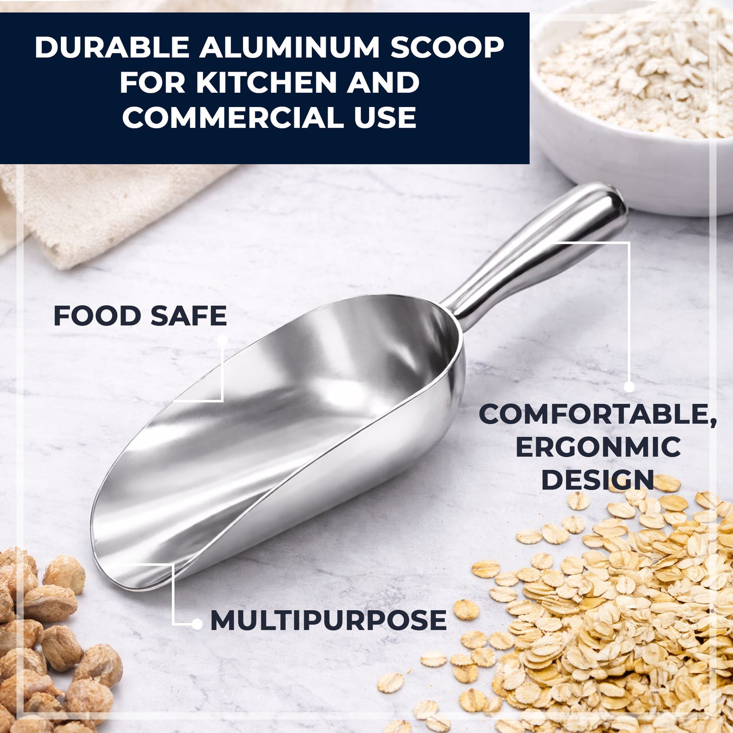 Multipurpose Aluminium Metal Scoops Set for Dry Goods - Sturdy Kitchen Scoops in Different Sizes