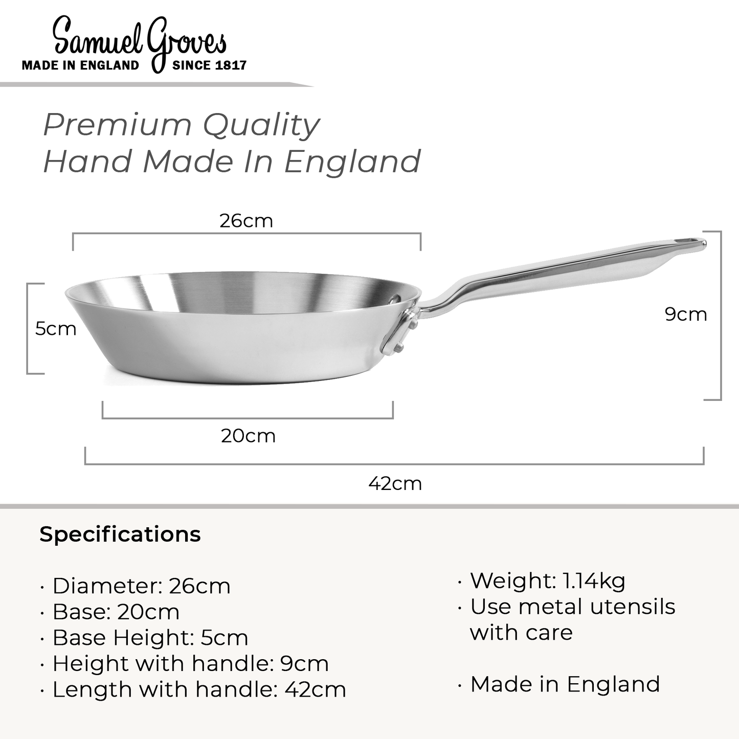 Samuel Groves Stainless Steel Frying Pan 26cm Professional-Grade Cookware for Home & Kitchen