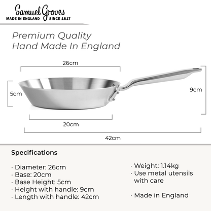 Samuel Groves Stainless Steel Frying Pan 26cm Professional-Grade Cookware for Home & Kitchen