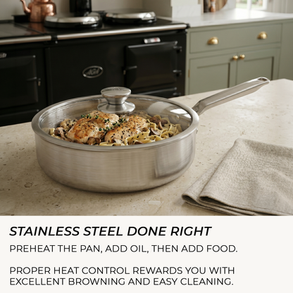 Large stainless steel chef pan with glass lid for sauces, vegetables, curries and one-pan meals