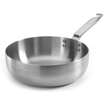 PFAS-free uncoated stainless steel chef pan with glass lid for induction hob cooking