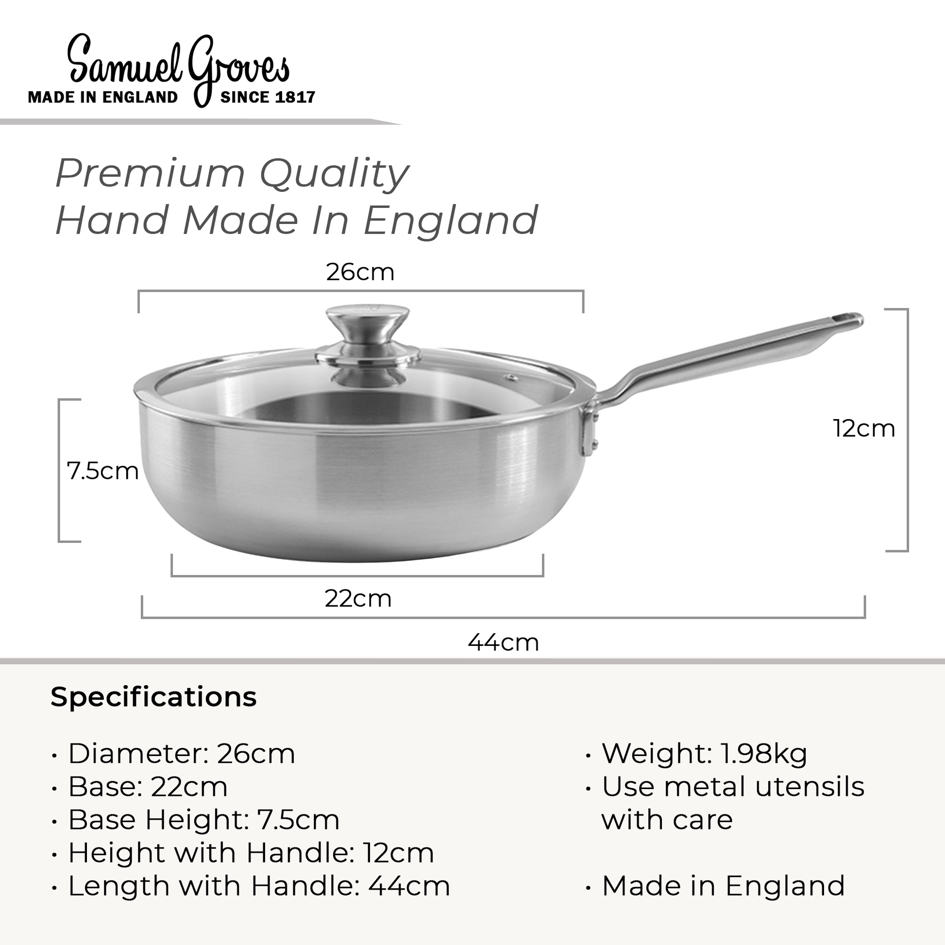 Premium stainless steel chef pan with glass lid by Samuel Groves Elegance Range