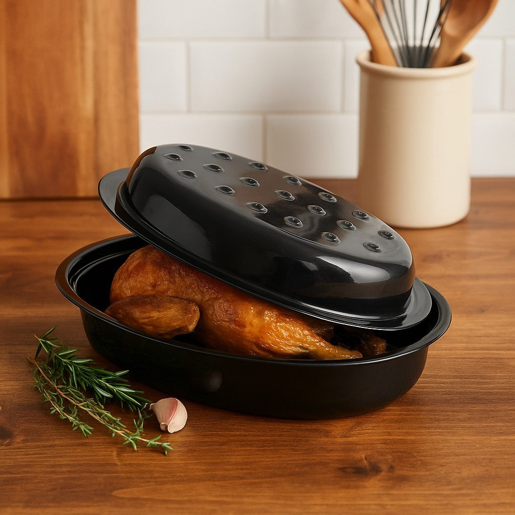 Vitreous Enamel Oval Roasting Tin with Lid & Roasting Tray with Rack (33, 37cm) - Premium Kitchen from Chabrias Ltd - Just £28.99! Shop now at Chabrias Ltd