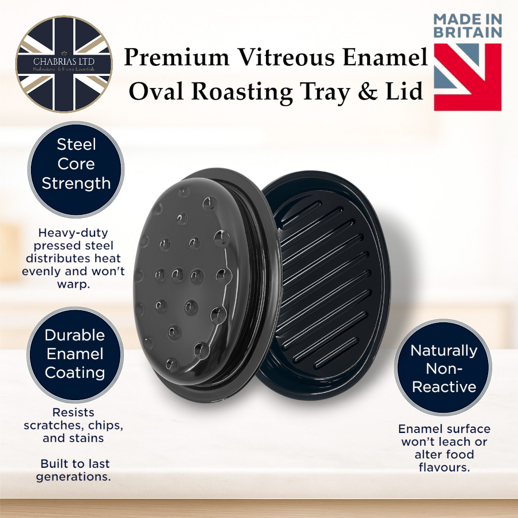 32.5cm Vitreous Enamel Roasting Tray With Lid – Oval – Great British Bakeware - Premium Kitchen from Chabrias Ltd - Just £23.99! Shop now at Chabrias Ltd